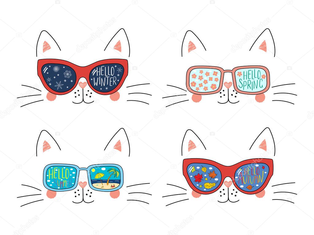 Set of hand drawn of sunglasses with summer, autumn, winter, spring symbols reflected