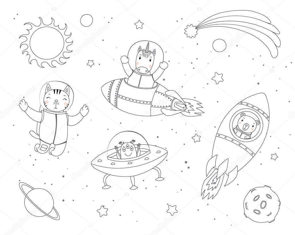 Hand drawn black and white funny cat, bear, unicorn astronauts, alien in space, with planets, stars