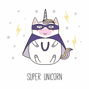 El çizilen komik şişman süper kahraman unicorn cape ve maske