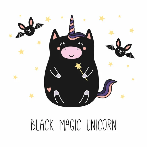Divertido Unicornio Negro Gordo Dibujado Mano Con Varita Mágica — Vector de stock