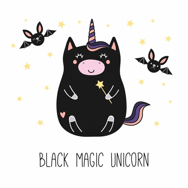 Tangan Ditarik Lucu Unicorn Hitam Gemuk Dengan Tongkat Sihir - Stok Vektor