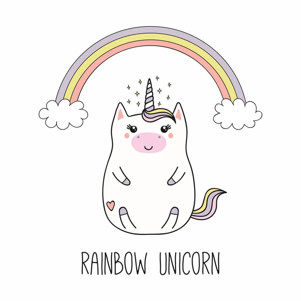 Divertido Unicornio Gordo Dibujado Mano Con Arco Iris Nubes Estrellas — Vector de stock