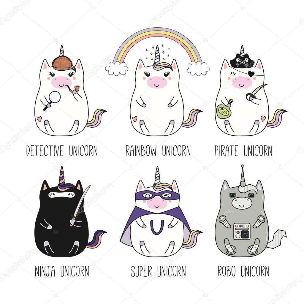 Set of funny fat unicorns, detective, rainbow, pirate, ninja, superhero, robot