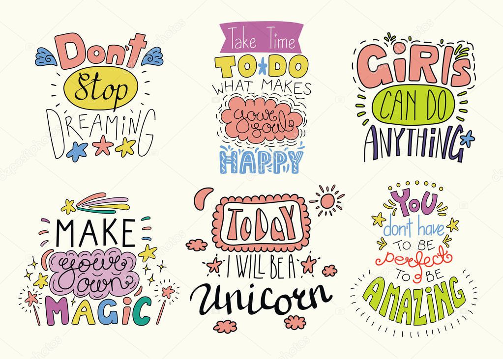 Set of colorful handwritten inspirational lettering quotes