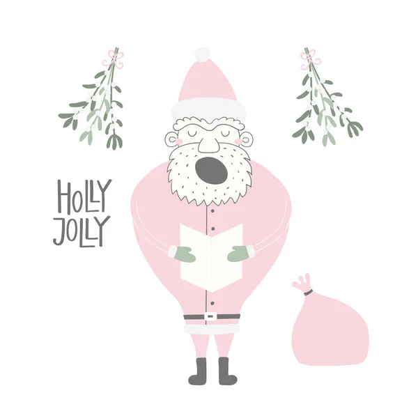 Векторная Иллюстрация Милого Смешного Санта Клауса Поющего Мешком Буквами Цитата — стоковый вектор