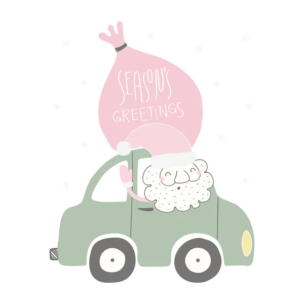 Ilustración Vectorial Dibujada Mano Divertido Santa Claus Conduciendo Coche Con — Vector de stock