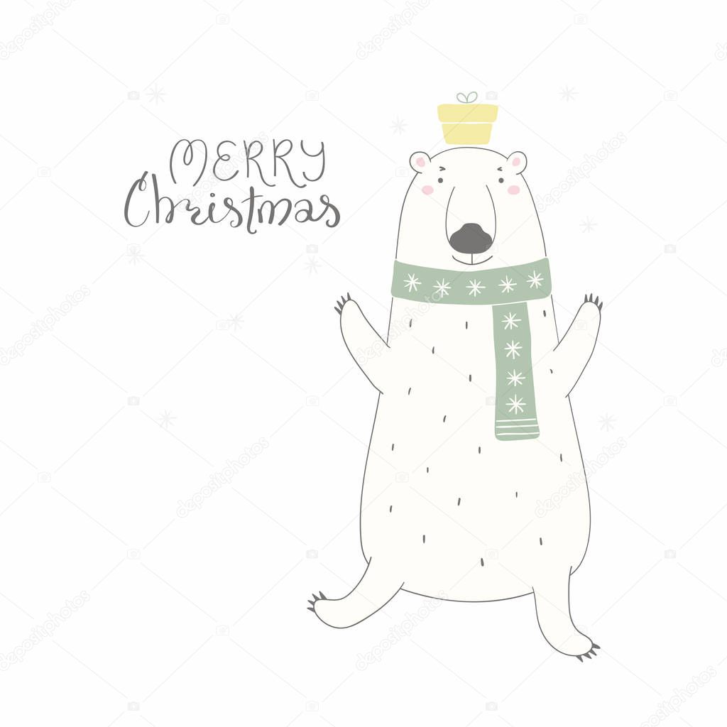 Hand drawn vector illustration of a cute funny polar bear in a scarf with present and lettering quote Merry Christmas isolated on white background, Concept for greeting card