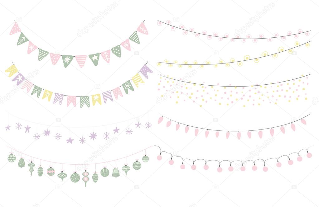 Set of cute hanging bunting with flags and decorations isolated on white background, Concept for Christmas card