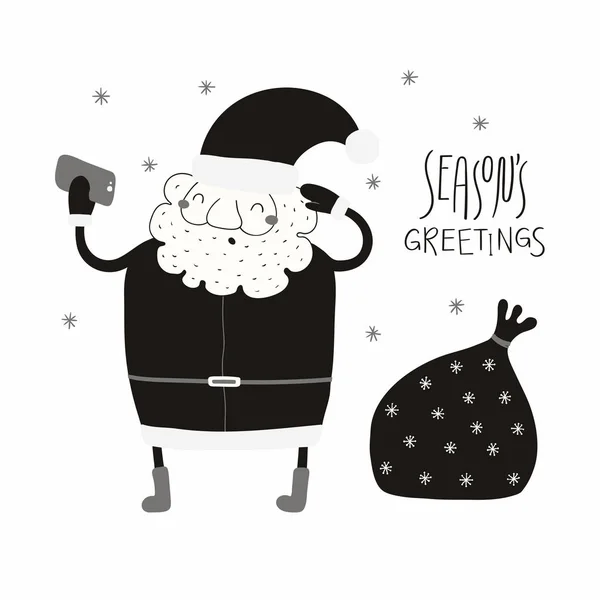 Ilustración Vectorial Dibujada Mano Divertido Santa Claus Tomando Selfie Con — Vector de stock