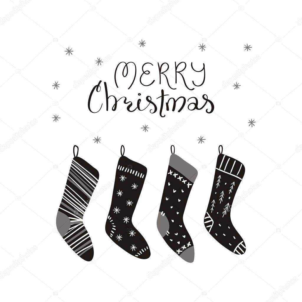 Hand drawn vector illustration of cute Christmas stockings with lettering quote Merry Christmas Isolated \on white background. Concept for card