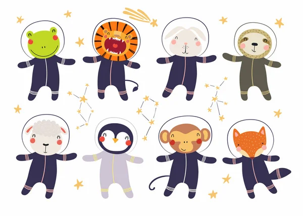 Set Cute Funny Animal Astronauts Space Suits Stars Hand Drawn — Stock Vector