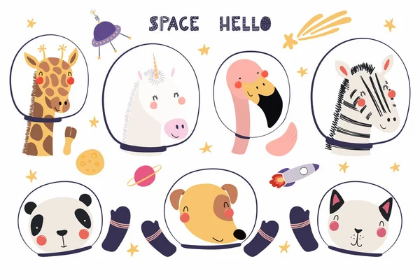 Conjunto Lindos Astronautas Animales Divertidos Cascos Espaciales Con Estrellas Ilustración — Archivo Imágenes Vectoriales