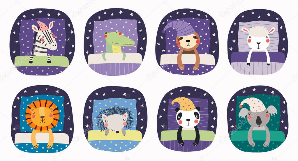 Set of cute funny sleeping animals in nightcap with pillows and blankets Isolated on white background. Hand drawn vector illustration. Scandinavian style flat design. Concept for children print