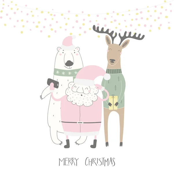 手绘矢量插图一个可爱的滑稽的圣诞老人与北极熊和鹿采取自拍 与引述圣诞快乐 白色背景上的孤立对象 圣诞贺卡概念 — 图库矢量图片