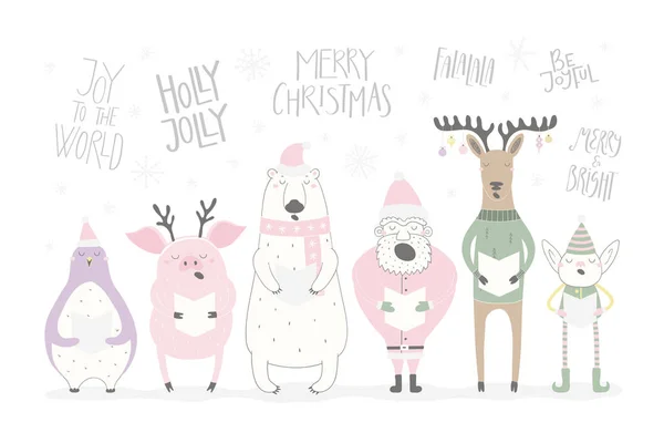 Ilustración Vectorial Dibujada Mano Lindo Santa Canta Divertido Con Elfo — Vector de stock