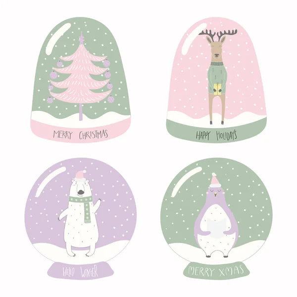 Set of snow globes with tree and deer with polar bear and penguin with lettering quotes Isolated on white background. Hand drawn vector illustration, Concept for Christmas card