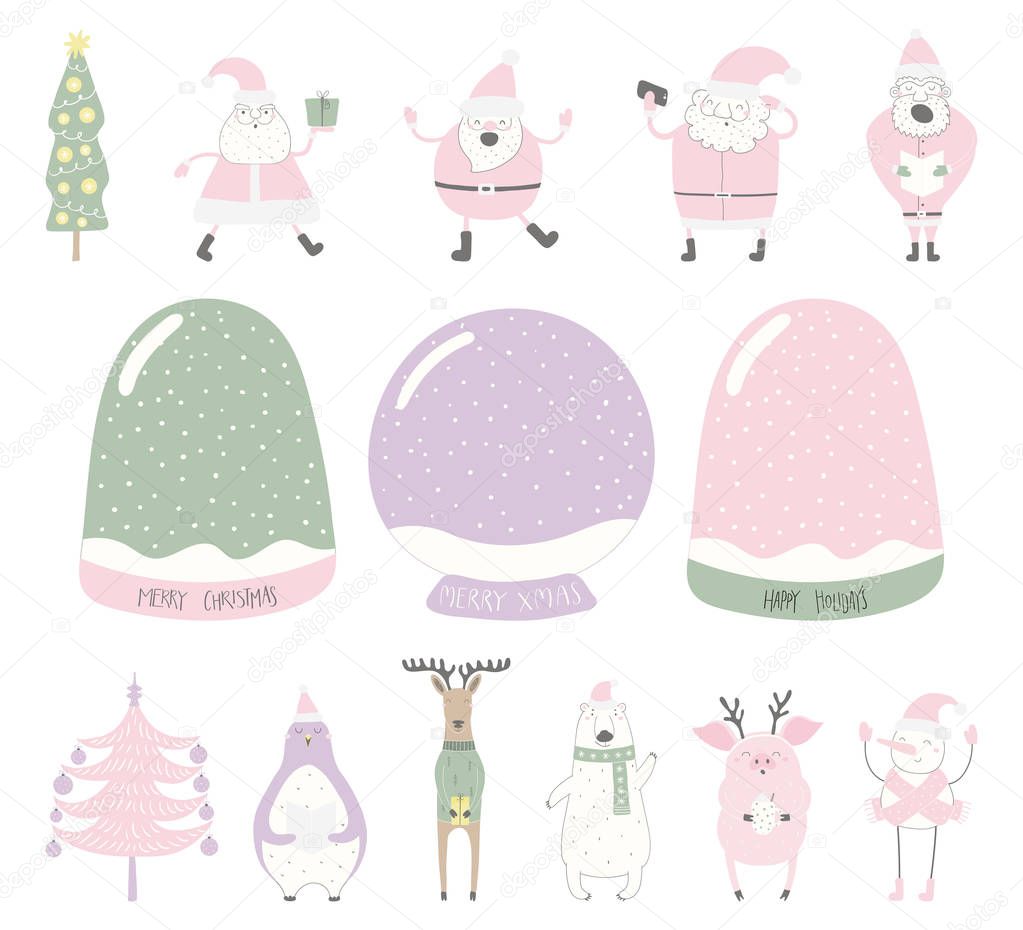 Set of empty snow globes with  funny characters of Santa Clauses and animals, Isolated on white background. Hand drawn vector illustration, Element for Christmas card