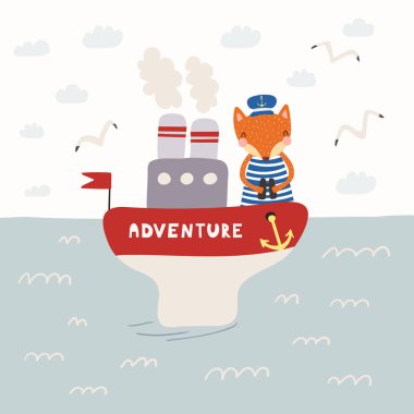 Elle çizilmiş vektör çizim bir şirin komik tilki denizci Okyanusu martılar ile yaptıkları bir istimbotda geçer. İskandinav tarzı düz tasarım. Çocuklar baskı için kavramı.