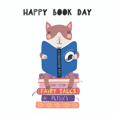 Bir şirin komik kedi alıntı mutlu kitap günü göl kenarında bir kitapla beyaz arka plan üzerinde okuma çizilmiş vektör çizim ver. İskandinav tarzı düz tasarım. Çocuklar baskı için kavramı.