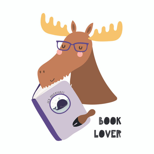 Hand drawn vector illustration of a cute funny moose reading a book with quote Book lover isolated on white background. Scandinavian style flat design. Concept for children print.