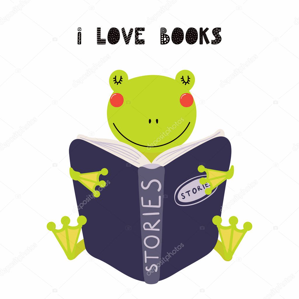 Hand drawn vector illustration of a cute funny frog reading a book, with quote I love books  isolated on white background. Scandinavian style flat design. Concept for children print.