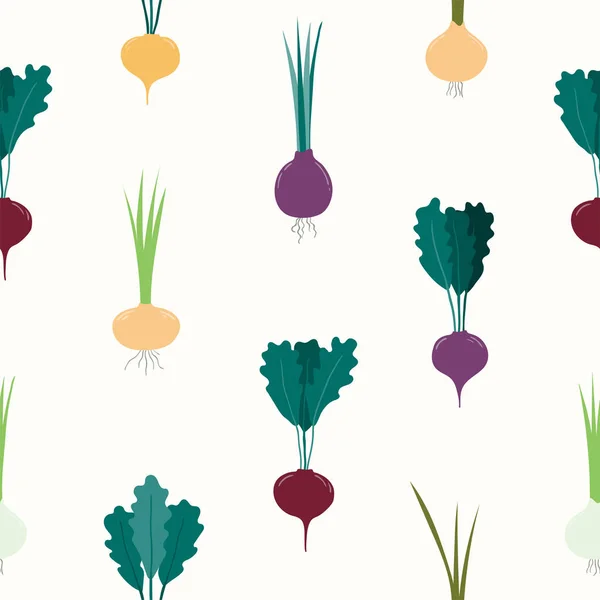 手工绘制的夏季根菜 秋季收获和健康饮食的概念 无缝重复模式 — 图库矢量图片
