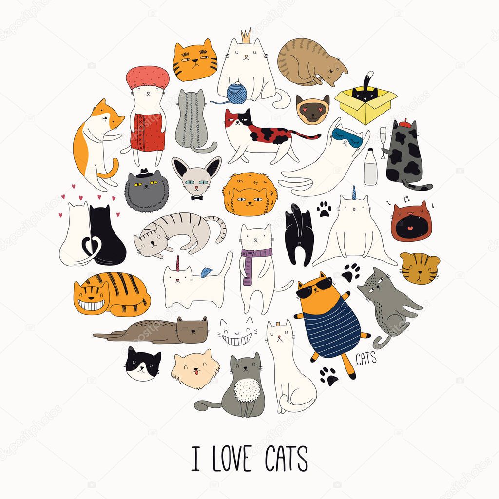 Set of cute funny doodles of cats in circle design with quote I love cats, vector, illustration