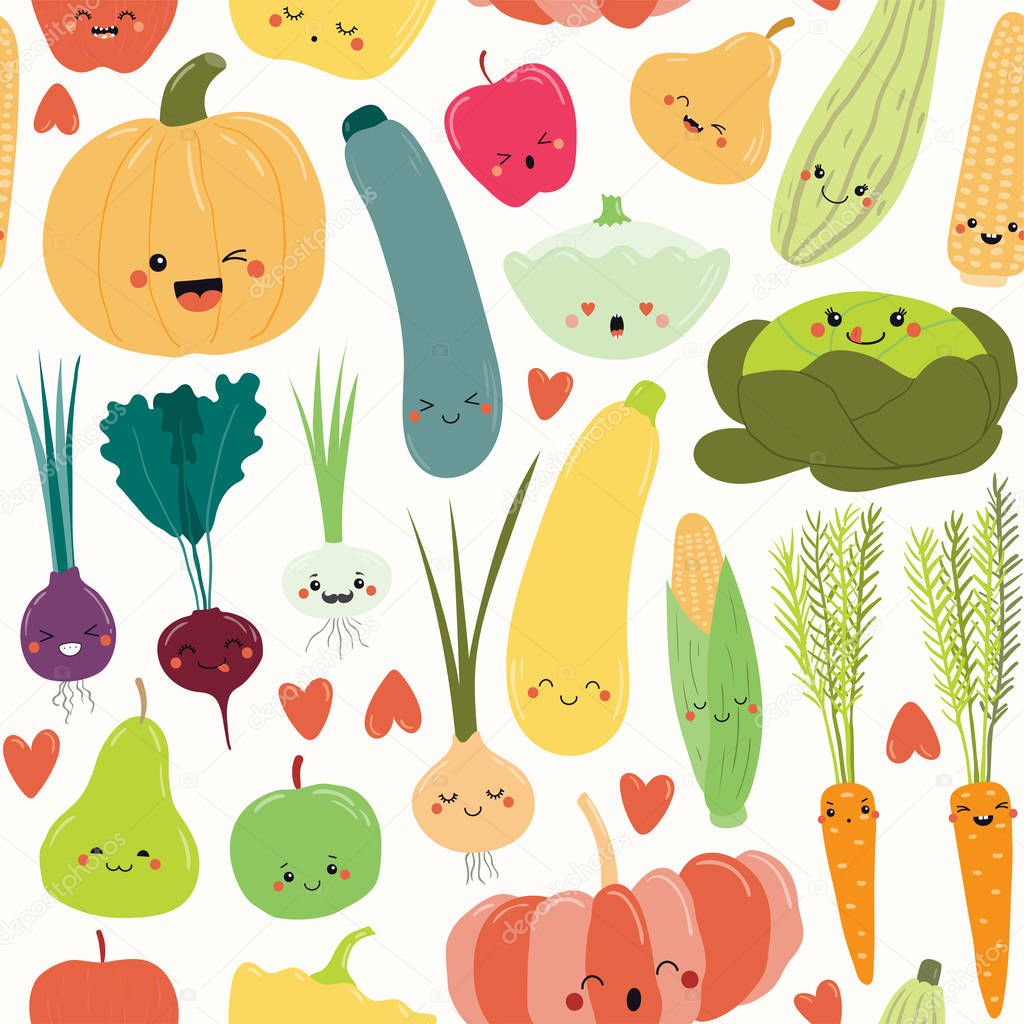 seamless repeat pattern with hand drawn cute funny fruits and vegetables with kawaii faces, vector, illustration, concept for autumn harvest and healthy eating  