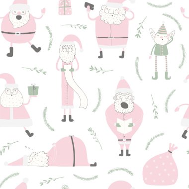 Noel Baba ve beyaz arka plan üzerinde elf ile Seamless yineleme modeli. El vektör çizim çekilmiş. Düz stil tasarım. Noel tekstil baskı için kavram