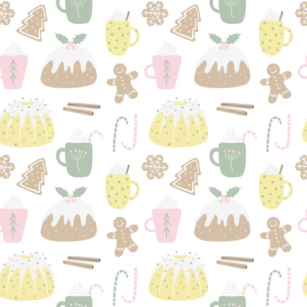 Seamless repeat pattern with Christmas sweets on white background. Hand drawn vector illustration. Flat style design. Concept for Christmas textile print 