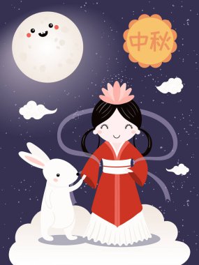 Ay tanrıçası ve Çince metin mutlu Mid Sonbahar Festivali ile sevimli tavşan ile orta sonbahar kartı. Düz stil vektör çizim   