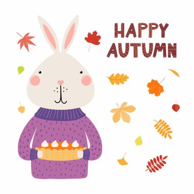 Elle çizilmiş vektör çizim kazaklı, kabak pasta, düşen yaprakları ile sevimli bir tavşan mutlu sonbahar alıntı. Beyaz izole. İskandinav tarzı düz tasarım. Çocuklar baskı için kavramı.