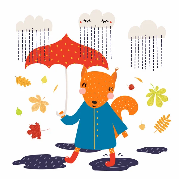 Elle Çizilmiş Vektör Çizim Ceket Yağmur Sonbahar Yaprakları Yürüyüş Botları — Stok Vektör