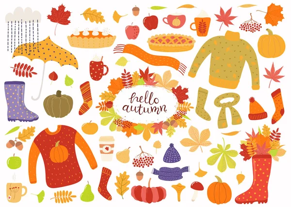 Big Autumn Set Leaves Acorns Food Pies Mugs Clothes Quote — Stock Vector
