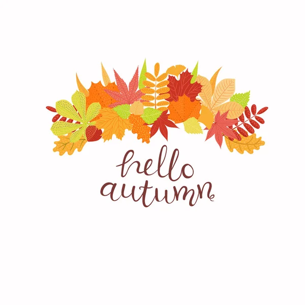 Ilustración Vectorial Dibujada Mano Con Hojas Cita Letras Hello Autumn — Vector de stock