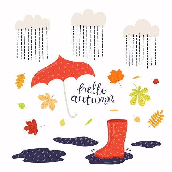 Hand Drawn Vector Illustration Boots Leaves Umbrella Rain Lettering Quote — Stock Vector