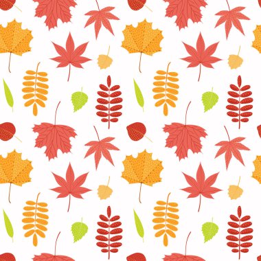 Beyaz bir arka plan üzerinde farklı düşen yaprakları ile Seamless yineleme modeli. Vektör çizim, sonbahar tekstil baskı için kavram el çekilmiş 