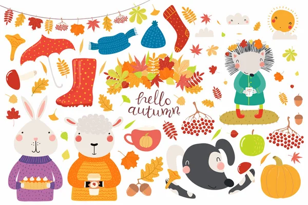 Gran Conjunto Otoño Con Animales Lindos Hojas Con Alimentos Aislados — Vector de stock