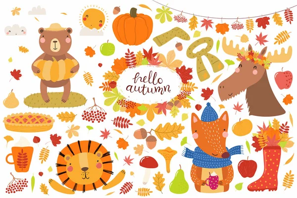 Grote Herfst Set Met Schattige Dieren Bladeren Met Voedsel Geïsoleerd — Stockvector