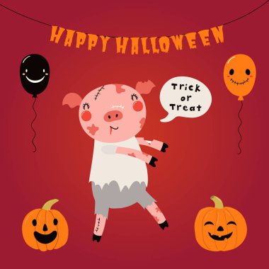 Şirin komik domuz zombi kostümlü metinde Cadılar Bayramın kutlu olsun, İskandinav tarzı düz tasarım, konsept çocuk yazdırma ve yeni yıl eğlencesi daveti ile çizilmiş vektör çizim el
