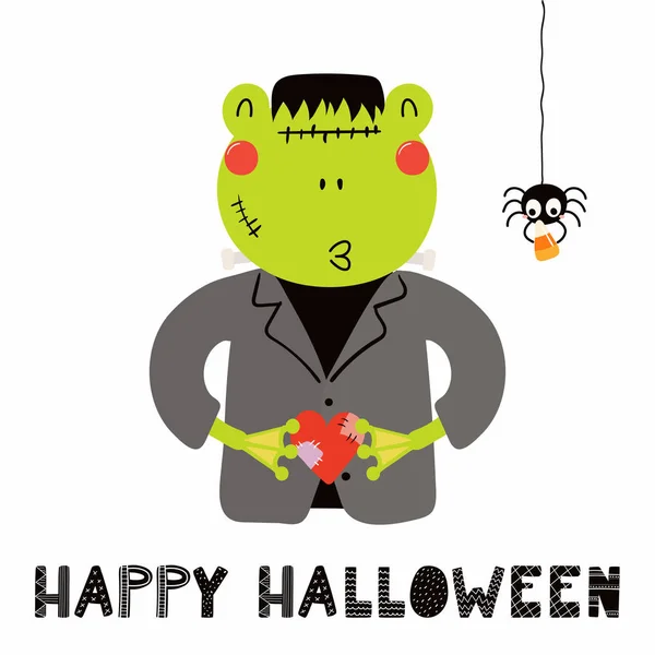 Hand drawn vector illustration of a cute funny frog in a Frankenstein monster costume with text Happy Halloween  in Scandinavian style flat design, Concept children print and party invitation