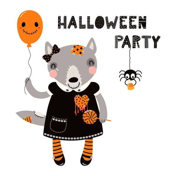 Hand Drawn Vector Illustration Cute Funny Wolf Creepy Doll Costume — Stock Vector