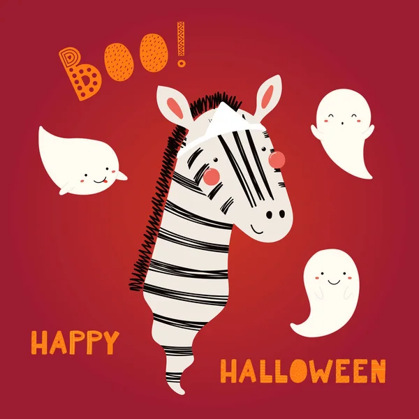Hand Drawn Vector Illustration Cute Funny Zebra Japanese Ghost Costume — Stock Vector