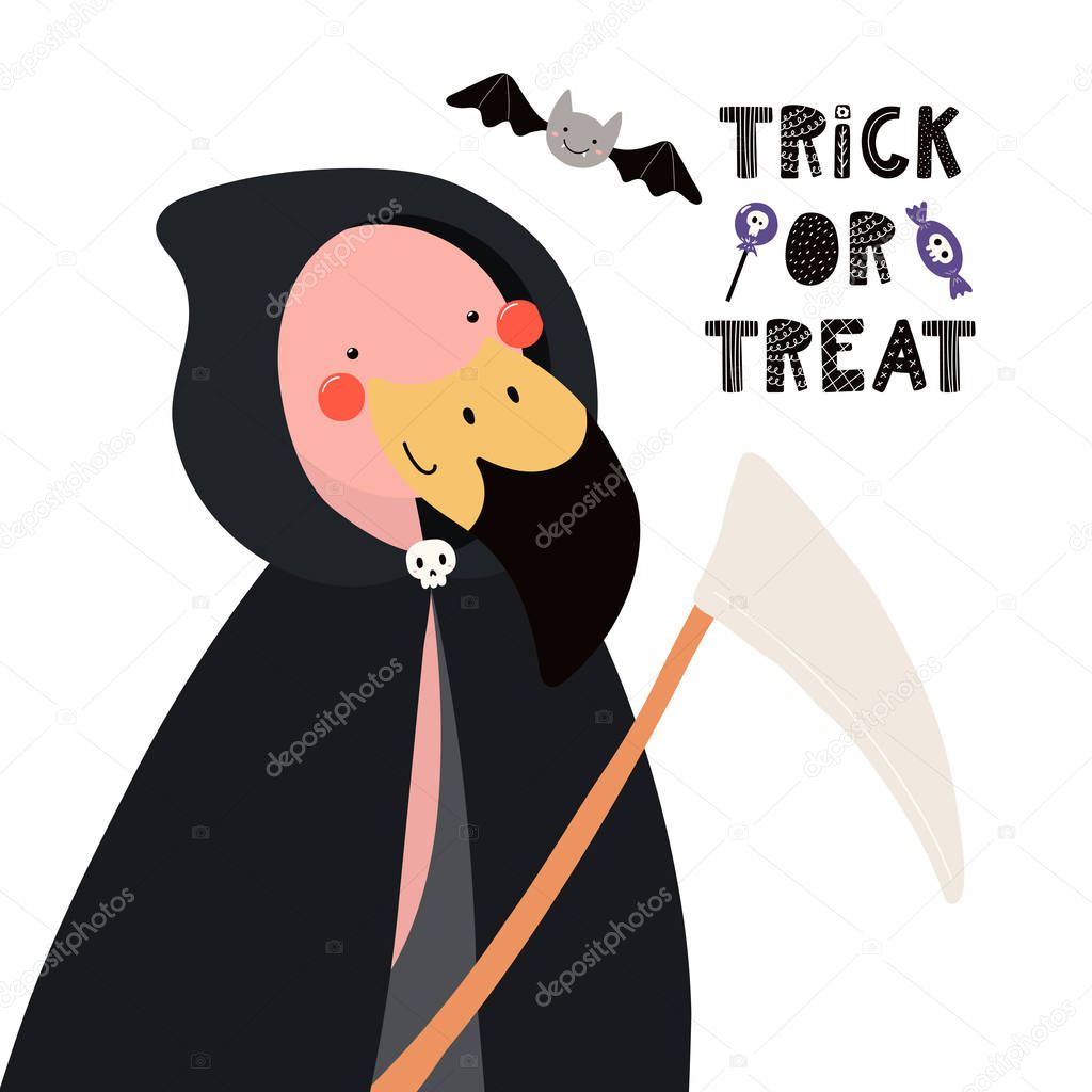 Hand drawn vector illustration of a cute funny flamingo in a death Halloween costume with text Trick or treat  in Scandinavian style flat design, Concept children print and party invitation