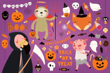 Büyük Halloween elle çizilmiş kümesiyle sevimli hayvan kostümleri, vektör çizim, İskandinav tarzı düz tasarım, konsept parti için