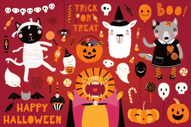 Büyük Halloween elle çizilmiş kümesiyle sevimli hayvan kostümleri, vektör çizim, İskandinav tarzı düz tasarım, konsept parti için