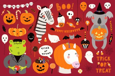 Büyük Halloween elle çizilmiş kümesiyle sevimli hayvan kostümleri, vektör çizim, İskandinav tarzı düz tasarım, konsept parti için