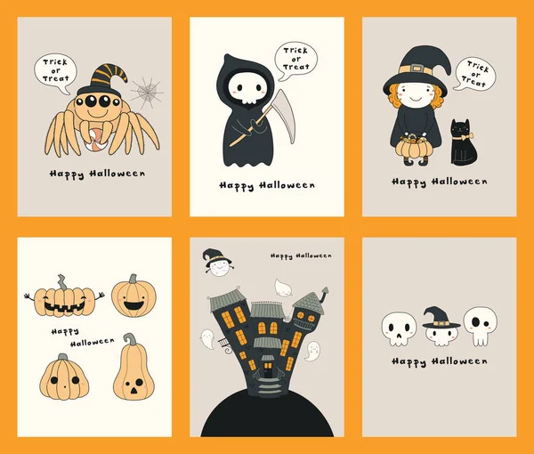 Conjunto Cartões Cumprimentos Desenhados Mão Halloween Com Personagens Engraçados Kawaii — Vetor de Stock