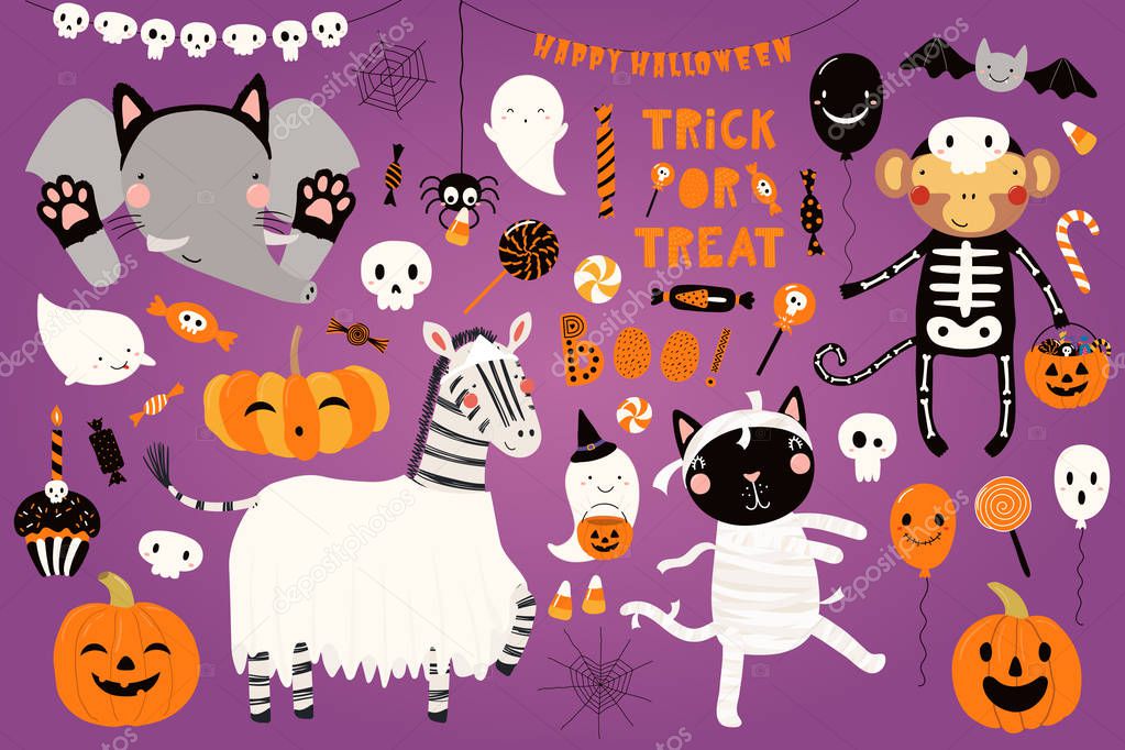 Big Halloween hand drawn set with cute animals in costumes, vector illustration, Scandinavian style flat design, Concept for party