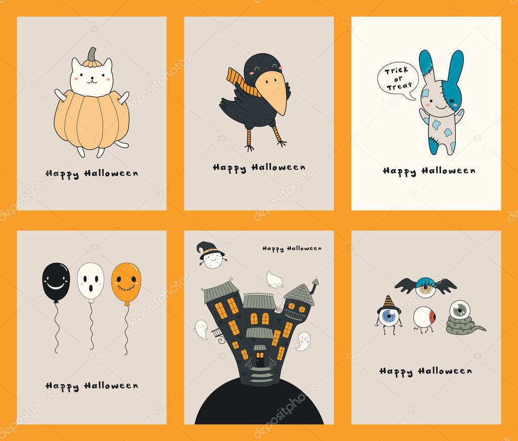 Set of Halloween hand drawn greeting cards with kawaii funny characters, text, haunted house, ghosts, balloons, Design concept for kids print and party invitation.